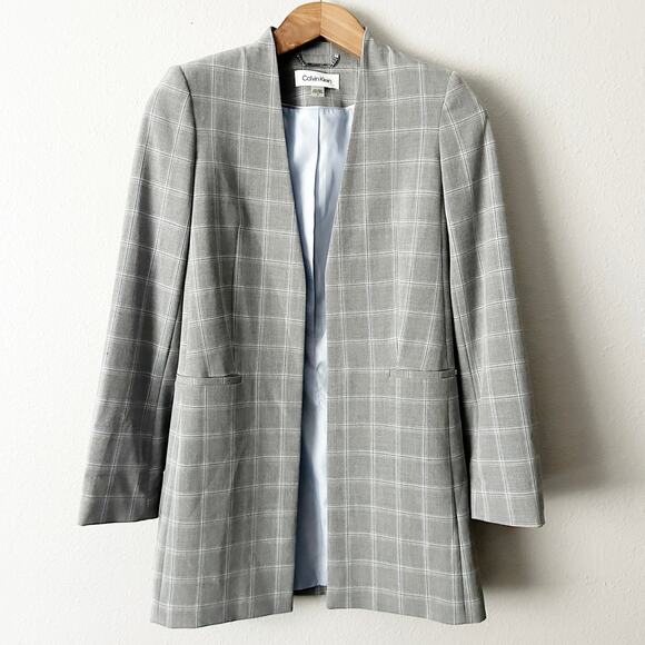Calvin Klein Jackets & Blazers - NWOT Calvin Klein Gray & Light Blue Windowpane Suiting Overcoat women’s size 2